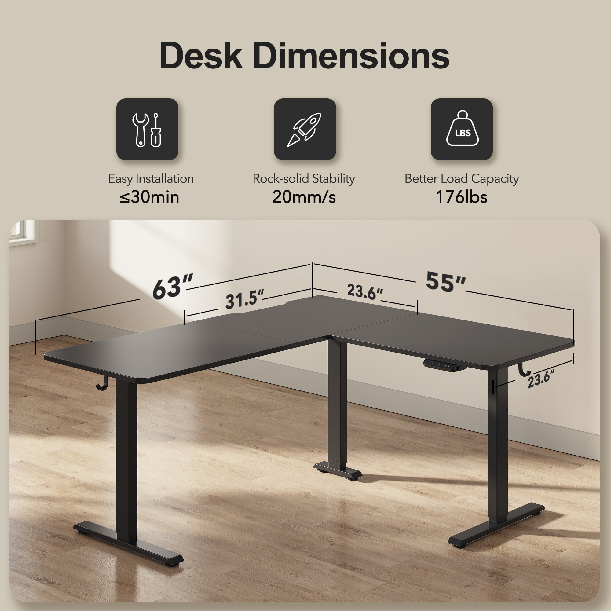 DESINO L-Shaped Standing Desk Adjustable Height, 63 Inch Electric Stand up Corner Computer Desk, Sit Stand Home Office Desk with Splice Board, Black