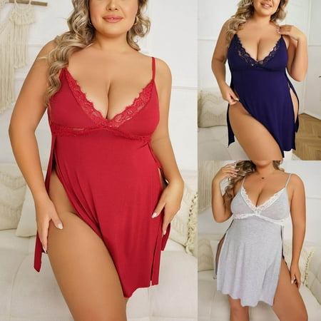 USSUMA Lingerie for Women  Plus Size Sexy Women Lingerie Lace Patchwork Cami Dress Temptation Underwear Sleepwear Nightdress on Clearance Holiday Deals Gray XXL