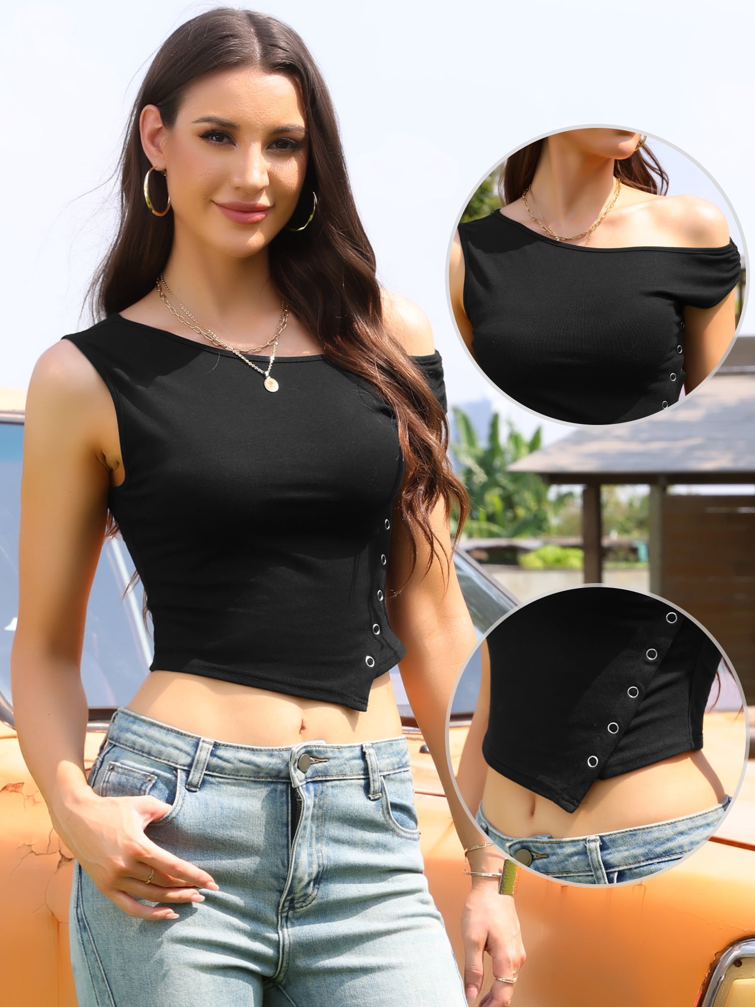 DARING DIVA Women's Trendy Sleeveless Asymmetrical Crop Top L Black