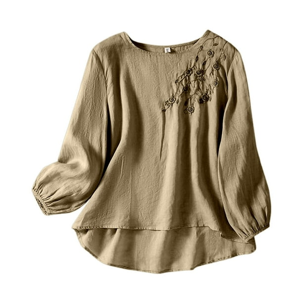 MHFRRA Camiseta de Manga Larga con Cuello Redondo y Bordado para Mujer, Estilo Bohemio, Holgada, Estilo Vintage, con Apliques Florales Caqui