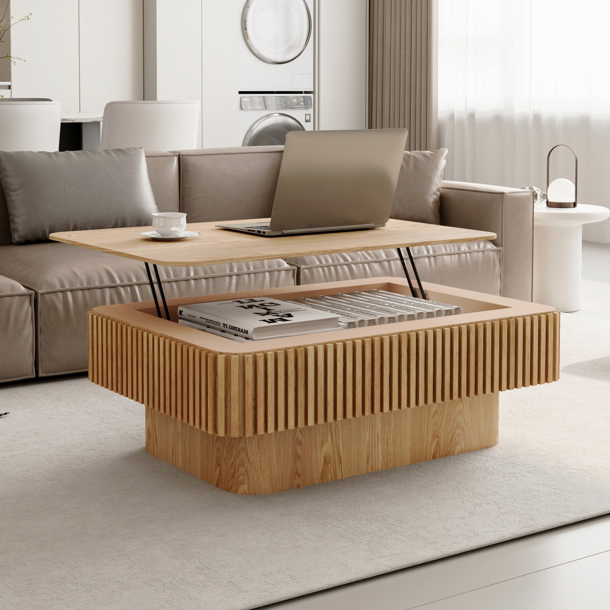 Lift Top Coffee Table with Storage, 38.6" Fluted Coffee Table with Adjustable Height, Modern Wood Veneer Center Table for Living Room, Natural