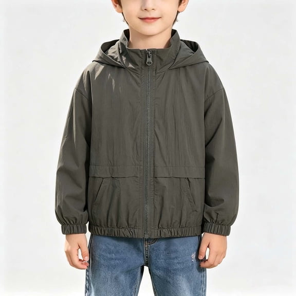 NEBWOAK Boys Lightweight Zip Up Hooded Jacket, Solid Color Casual Stretch Outerwear for School & Outdoor Play,Size 8-9 T