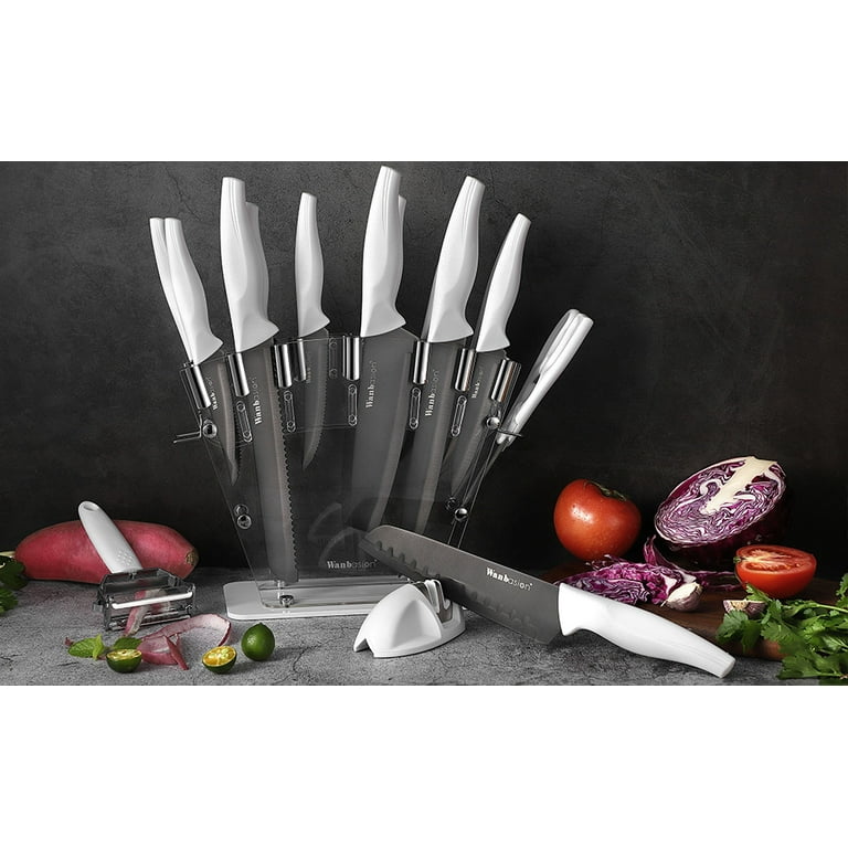  Knife Set, HUNTER 16PCS Kitchen Knives with Acrylic Stand,  Swivel Vegetable Peeler & 2-in-1 Sharpener, Dishwasher Safe Knifes,  Clear/Black: Home & Kitchen