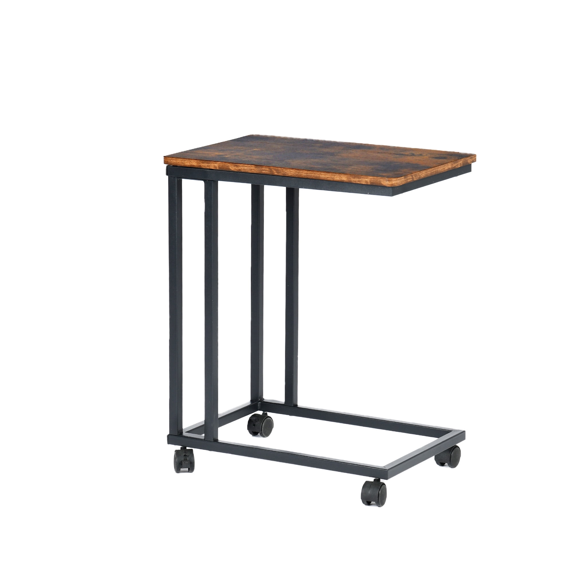 Homy Casa C-Shaped End Table with Wheels for Sofa Side, Bedside & Reading Corner Use, Brown
