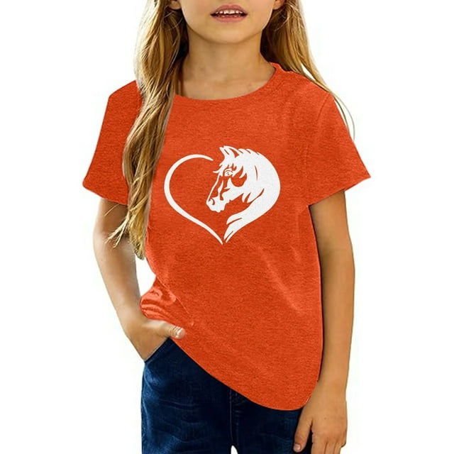 TIEVOSA Hauts Graphiques Décontractés pour Filles, T-Shirts à Col Rond Confortables, Chemises Imprimées Élégantes, Doux et Respirants, Usage Quotidien pour 10-11 Ans (Orange)