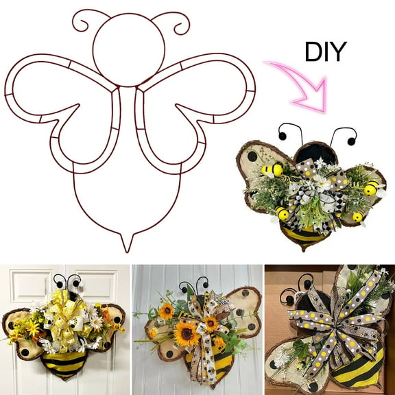 sunsanly Bee Wreath 14 Inch Bee Shape Garland Wire Wreath Frame for Home Decor And Outdoor Spring Summer Patio Porch Decorations DIY Craft