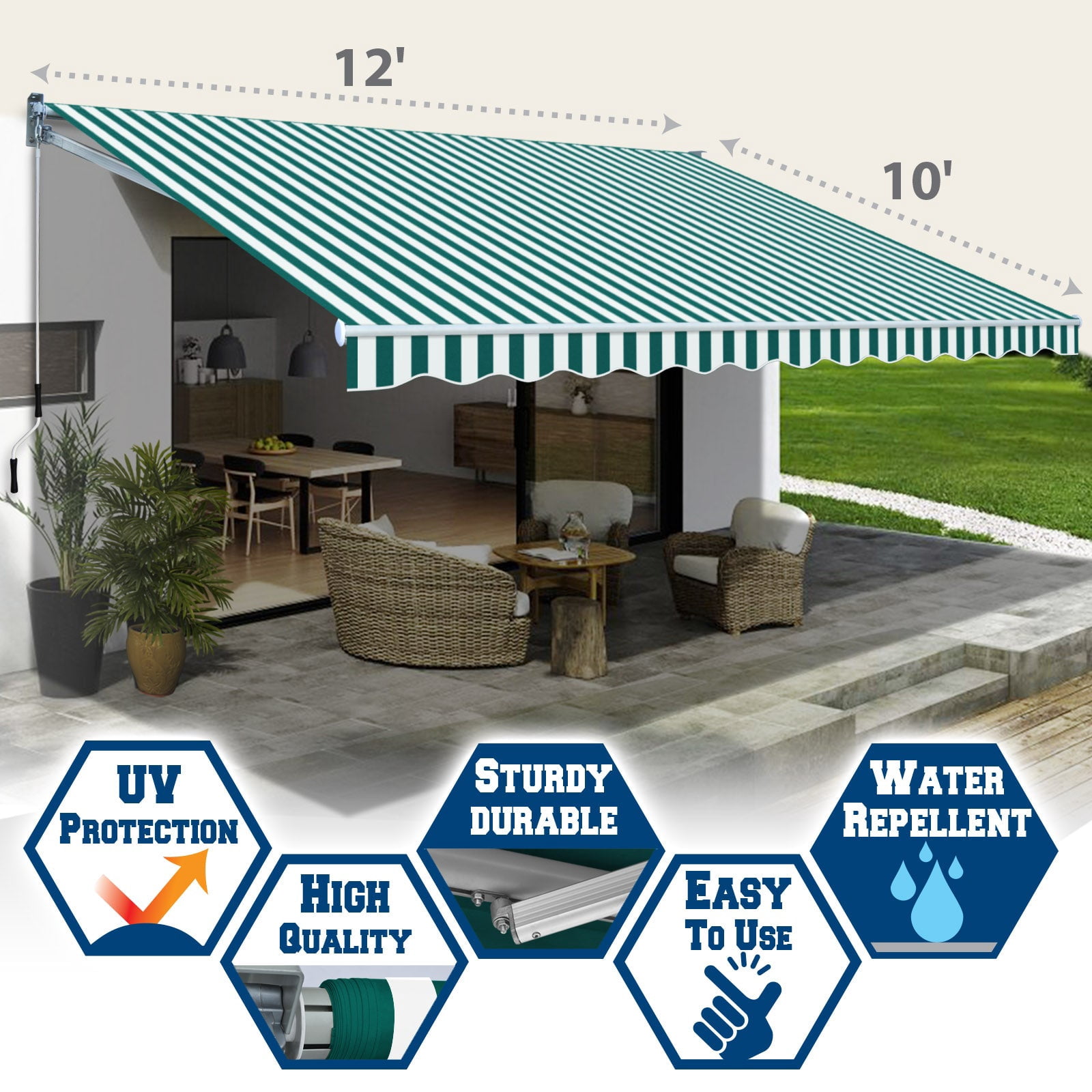 SUNNYOUTDOOR 12x10 FT Patio Awning Retractable Outdoor Sun Shade Manual Patio Deck Awning Heavy Duty Awning (Green with white)