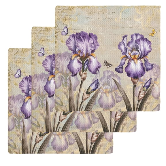 Purple Iris Kitchen Dish Towels for Drying Dishes Set of 3, Spring Vintage Flowers Butterfly Leaves Khaki Waffle Weave Microfiber Hand Tea Bathroom Towels Quick Dry & Absorbent Towel 12x12