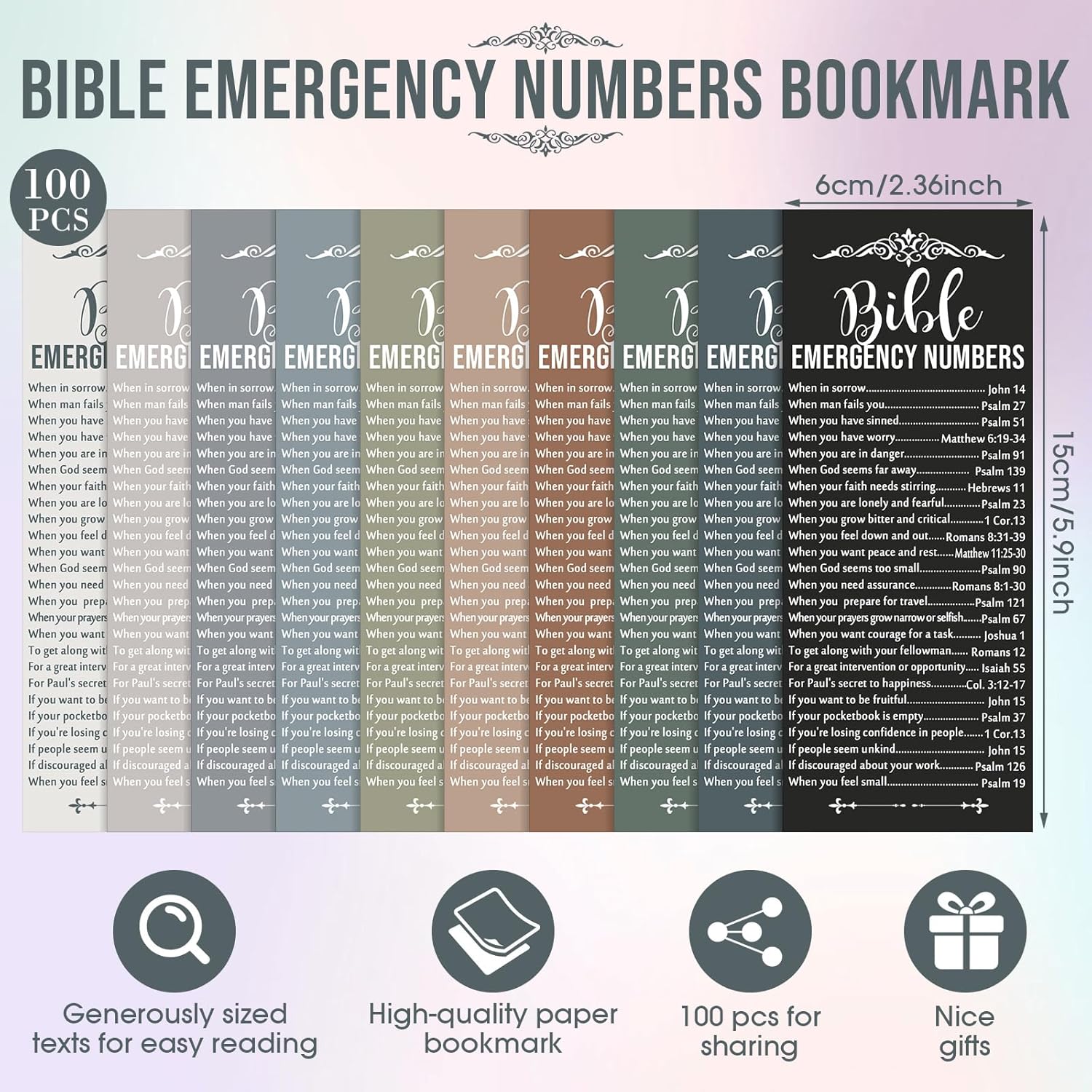 100 Pcs Christian Bible Verse Emergency Numbers Bookmark Christian Church Gift 2.36 x 6'' Religious Books of The Bible Bookmark for Women Men Catholic Retreat Sunday School(Morandi)