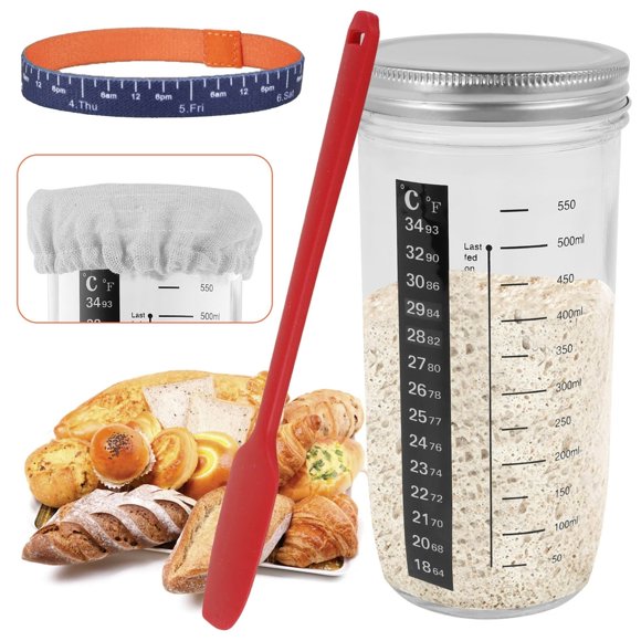 DEBGFS 6Pcs Sourdough Starter Jar Kit with Scale Thermometer Heat Resistant Sourdough Starter Container with Metal Lid Clear Sourdough Jar Reusable Sourdough Fermentation for Baking(25.7o
