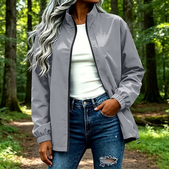 Women’s Waterproof Packable Windbreaker Rain Jacket, Hooded Lightweight Rain Coat With Rear Zipper Design Gray L