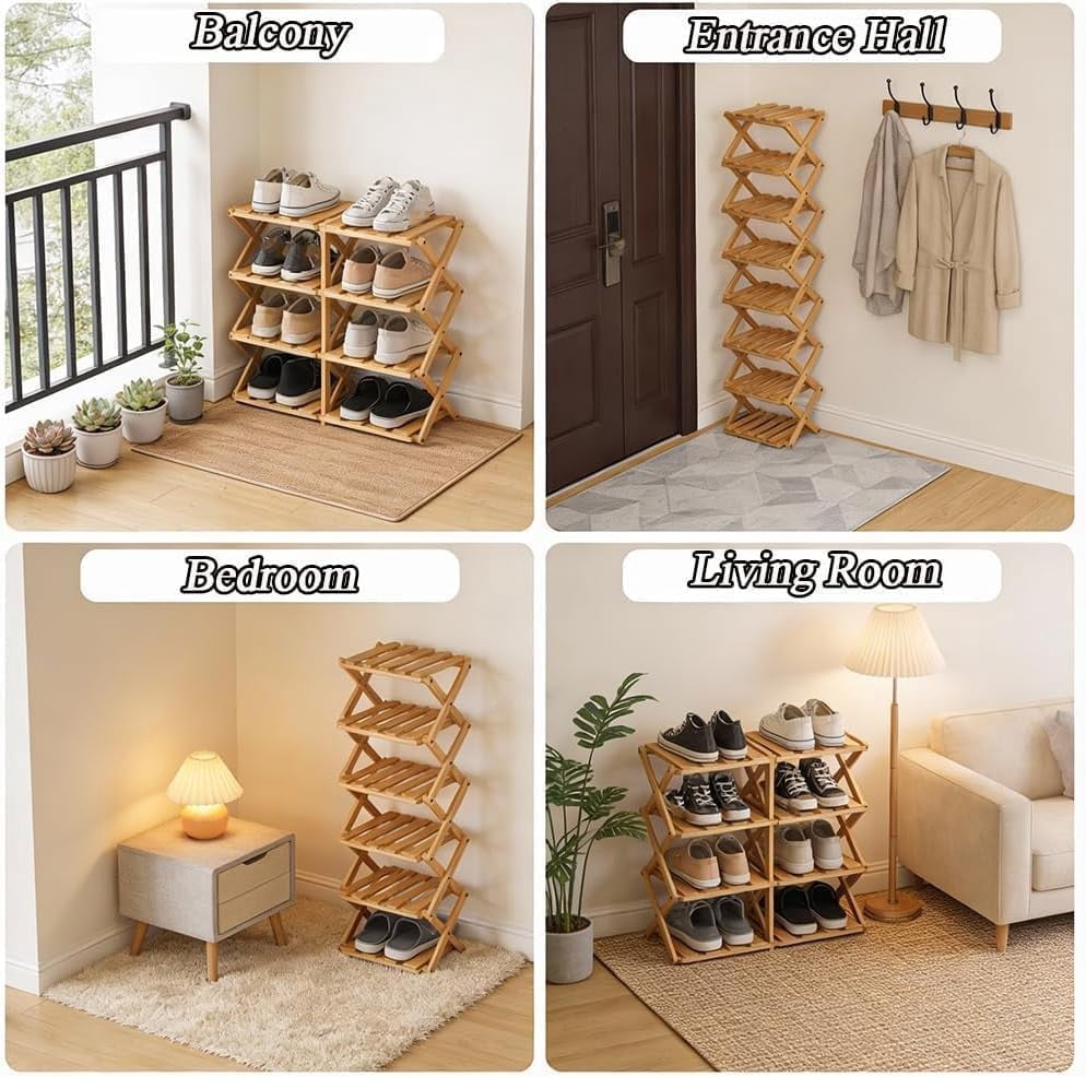 Tier Bamboo Shoe Rack, 2-9 Tiers Natural or Tea Color Foldable Shoe Rack Organizer, No-Tool Assembly Required with Strong Load-Bearing Capacity for Indoor