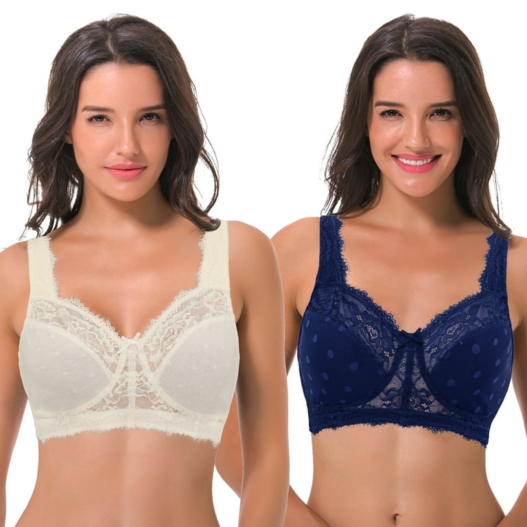 Curve Muse Women's Plus Size Minimizer Lace Full Coverage Unlined Wireless  Bra-2Pack-Navy,White-48D