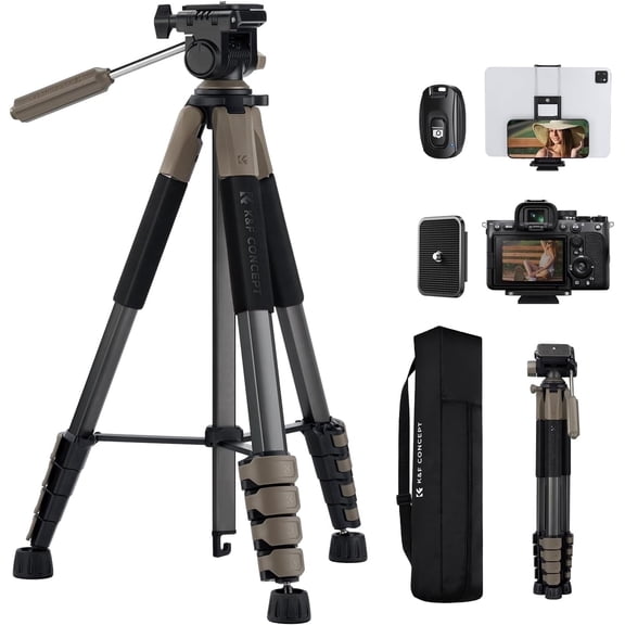 K&F CONCEPT Camera Tripod, 75" Lightweight Portable Travel Outdoor DSLR Tripods for Camera Phone Video Recording Tripod Stand, Cellphone Clip for Smartphone Live Streaming Vlog (Grey, 75'')