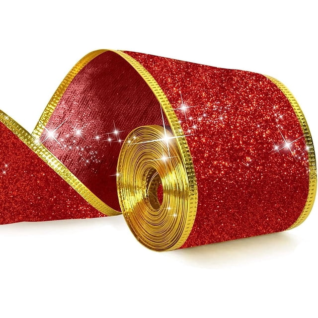 BEMS-1 rollo de cinta decorativa para árbol de Navidad roja y dorada de 10 yardas,