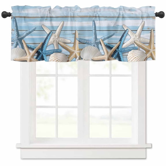 Hokiten Rod Pocket Curtain Valance, Blue Coastal Vintage Farmhouse Window Valance for Living Room, Bedroom, Kitchen Ocean Starfish Farmhouse Board 60"W x 18"L