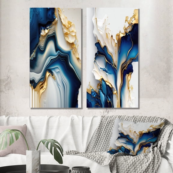 Designart "Golden and Azure Geode Marble II" Abstract Marble Wall Art Set Of 2 - Blue Abstract Canvas Set For Living Room Decor