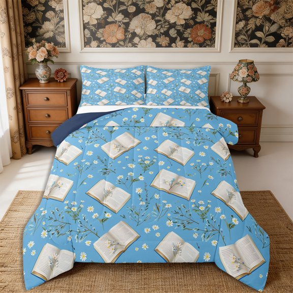 Manfei Flowers Books Full Size Comforter Sets 3-Piece,Kawaii Daisy Bedding Comforter Set,1 Comforter and 2 Pillowcases,Reversible