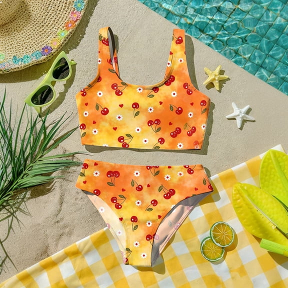 CCRFTGI Swimsuit for Kids Girls Size 10-12 Two Piece Sets Swim Vacation Girls Bikini Beach Holiday Bathing Suits Summer Cute Fruit Print Girls Fashion Tankini Swimsuits Swimwear Saffron 3-4 Years