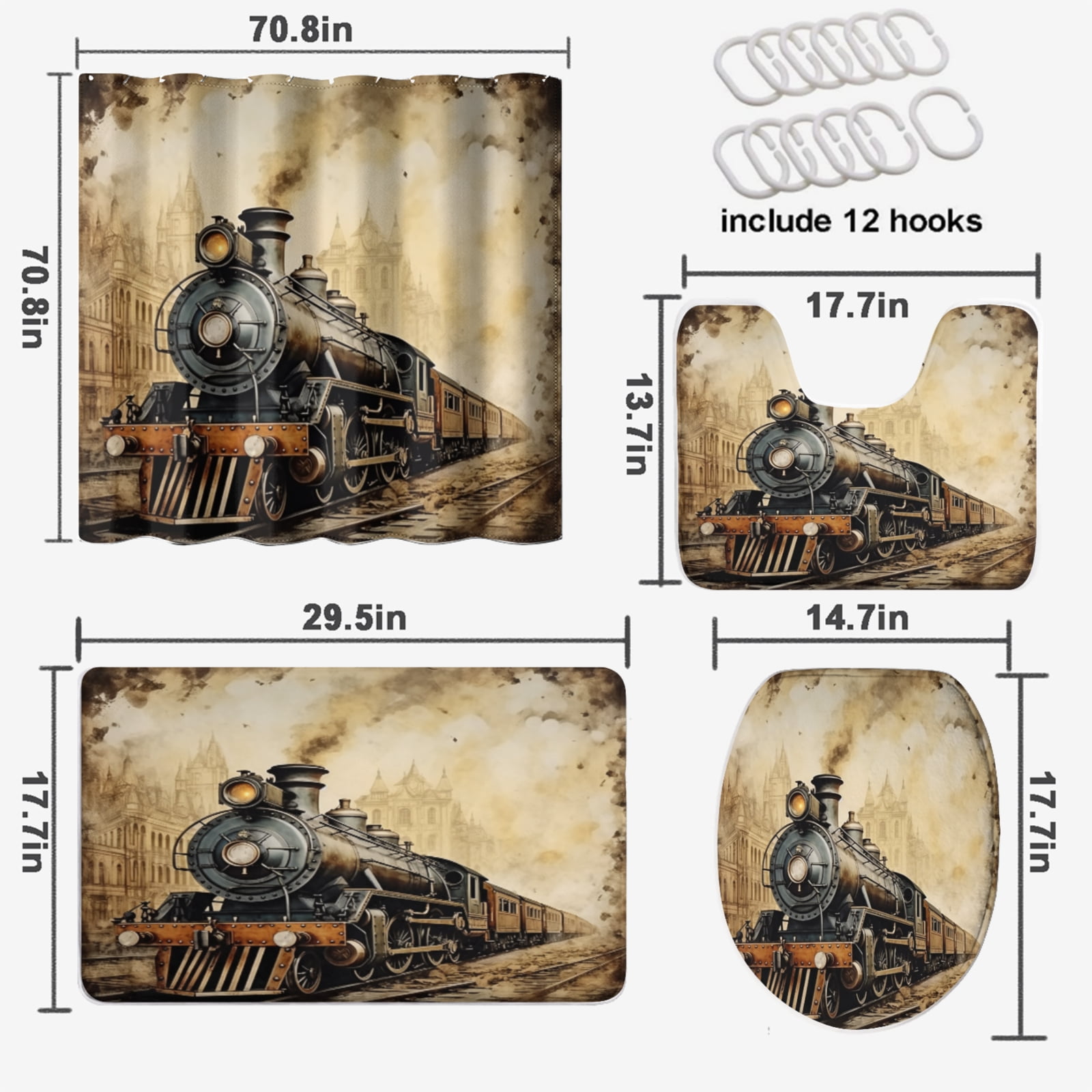 Steam Engine 4 Pcs Shower Curtain Set Antique Old Iron Train Aged Design Industrial Theme with 12 Hooks, Bath Mat Set Bathroom Decor by Durable Waterproof Fabric, 72x72 Inch