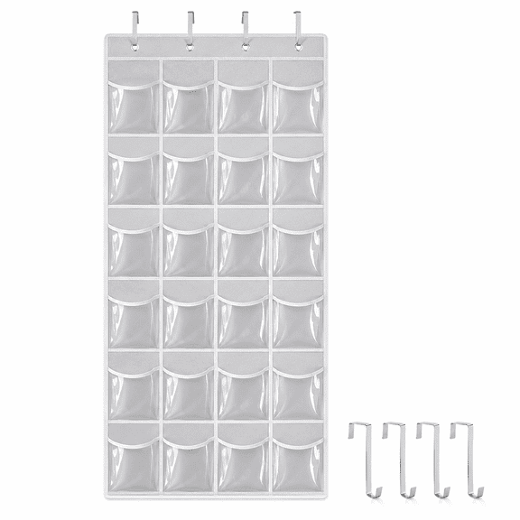 GQCLNBH 24-Pocket Over-the-Door Shoe Organizer, Clear Hanging Shoe Holder with 4 Metal Hooks, Closet Storage Bag, White, 1 Pack