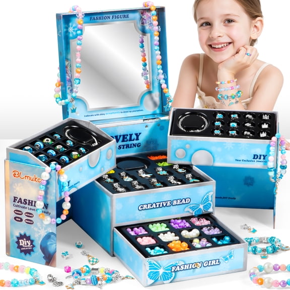 Blue Princess DIY Beaded Jewelry Set with Categorized Jewelry Box, Mirror, Bracelets & Necklaces, toy gifts for girls kids ages 4 5 6 7 8 years old