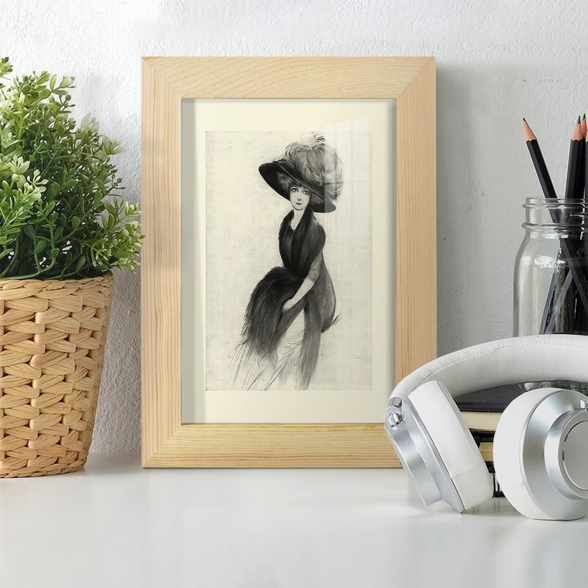 Feather Hat II -Framed Print w/glass-Natural Wood
