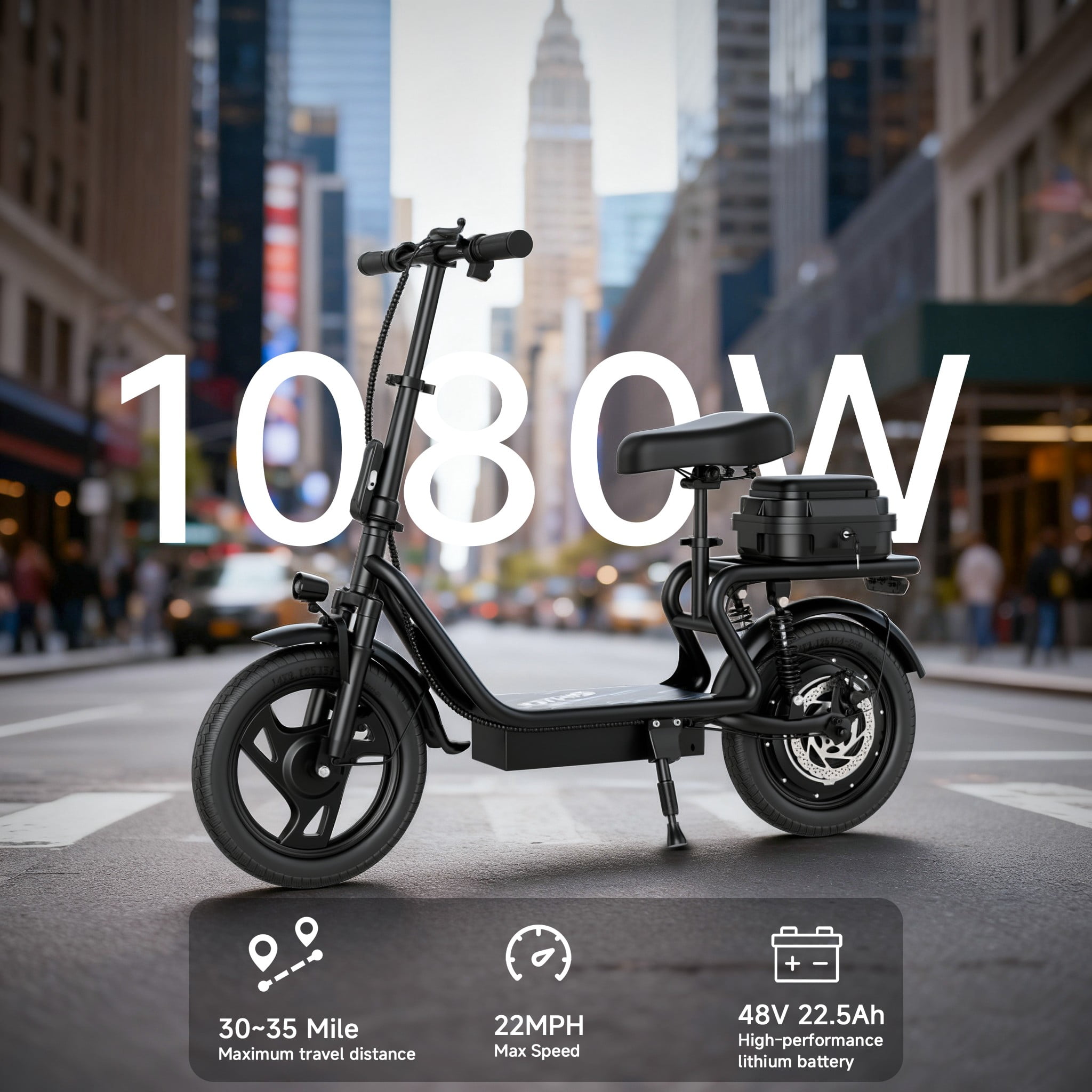 High-Performance Electric Scooter for Adults with Seat, 22MPH Top Speed, 48V 22.5Ah Long-Range Battery, Up to 55 Miles, Dual Suspension, Foldable Design & Cargo Basket