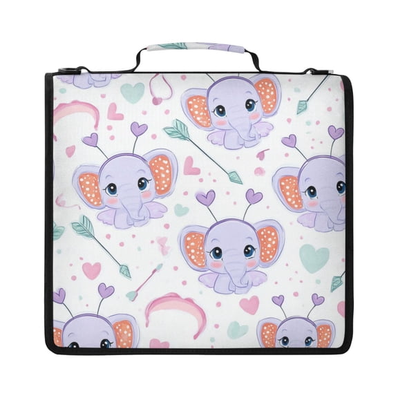 Zipper Binder with Shoulder Strap 2 inch 3 Ring Waterproof File Folder Organizer Bag 500 Sheet Cute Purple Elephant