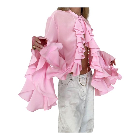 Blusas Casuales para Mujer, con Mangas Acampanadas, Cuello Alto y Volantes, Camisa de Verano A para Vacaciones. Rosa XL