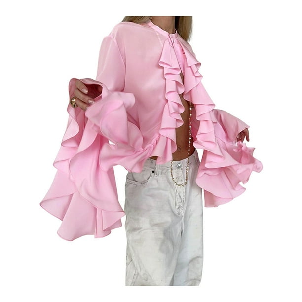 Blusas Casuales para Mujer, con Mangas Acampanadas, Cuello Alto y Volantes, Camisa de Verano A para Vacaciones. Rosa M