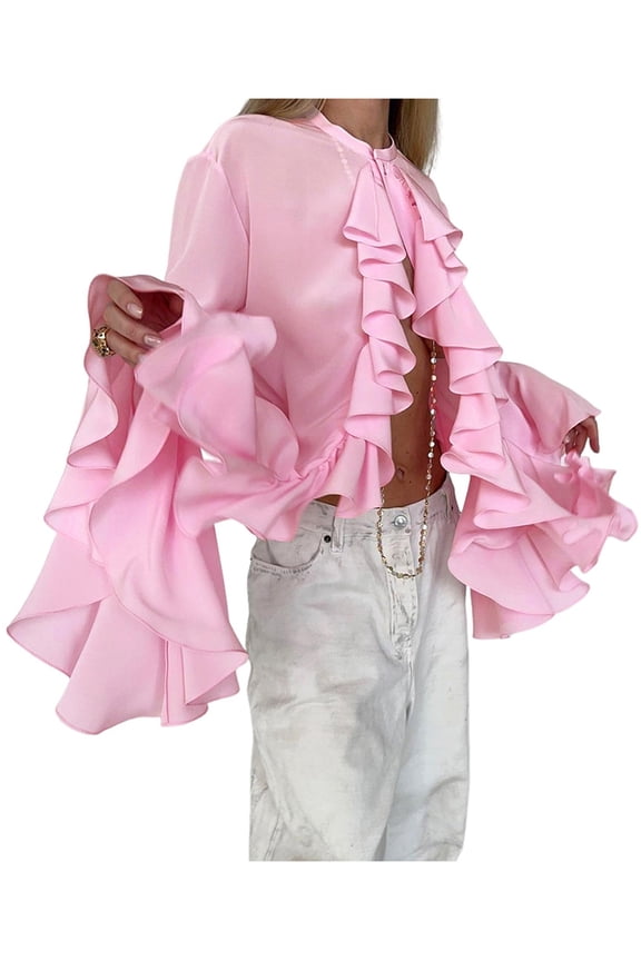 Womens Casual Blouses Flared Sleeve Stand Collar Ruffle Tops Summer Trendy Vacation Shirt Pink XL