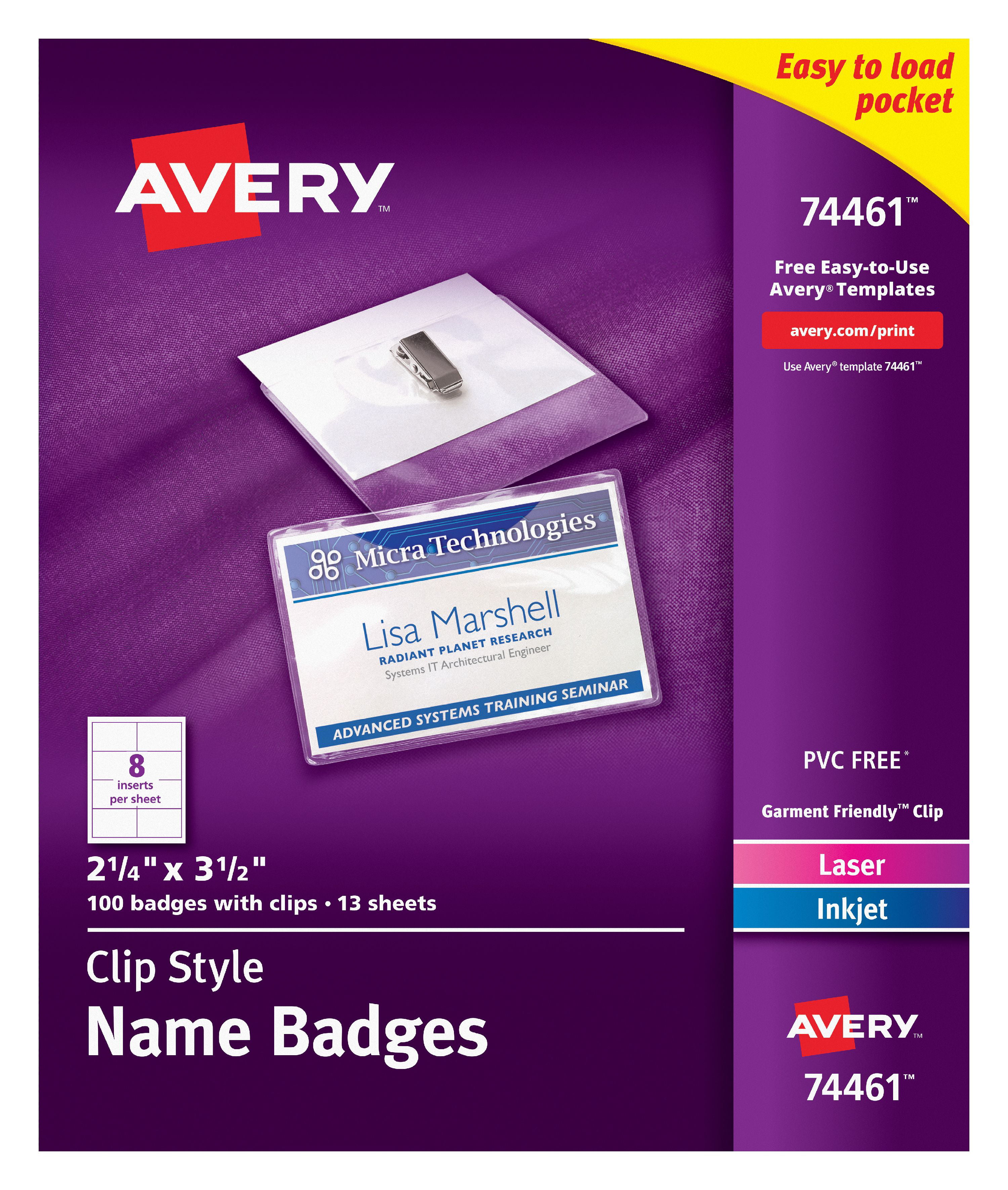 Avery Clip Style Name Badges, 21/4" x 31/2", 100 Badges (74461