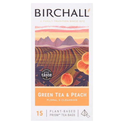 Birchall Green Tea & Peach Tea Bags 15's, British Import (Pack of 3)
