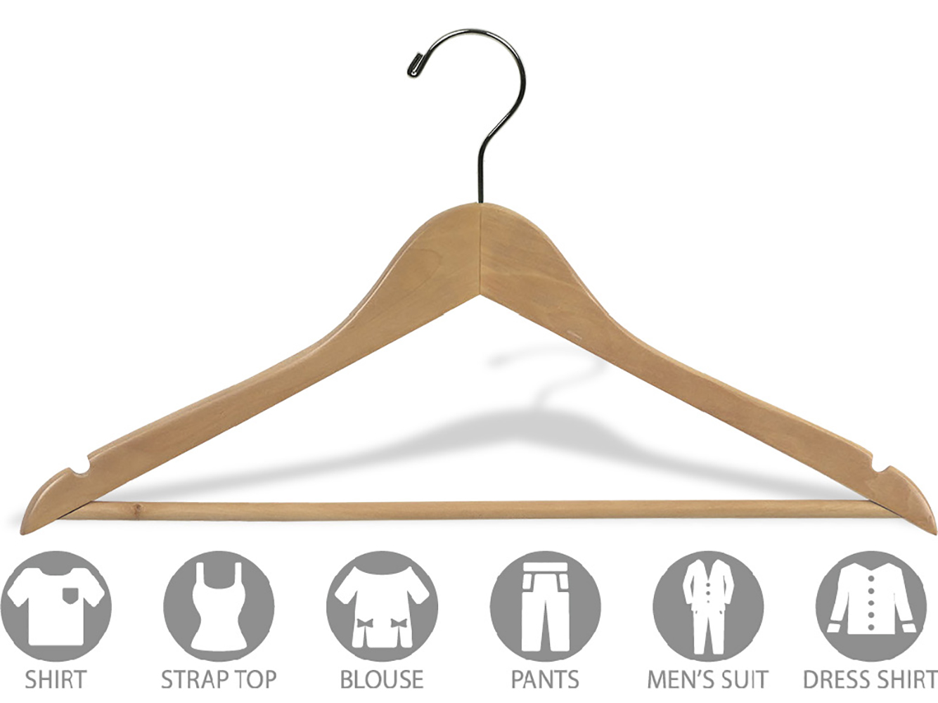 Wood Suit Hanger w/ Solid Wood Bar and Natural Finish, (Box of 25) Space Saving 17 Inch Flat Wooden Hangers w/ Chrome Swivel Hook & Notches for Shirt Dress or Pants by International Hanger
