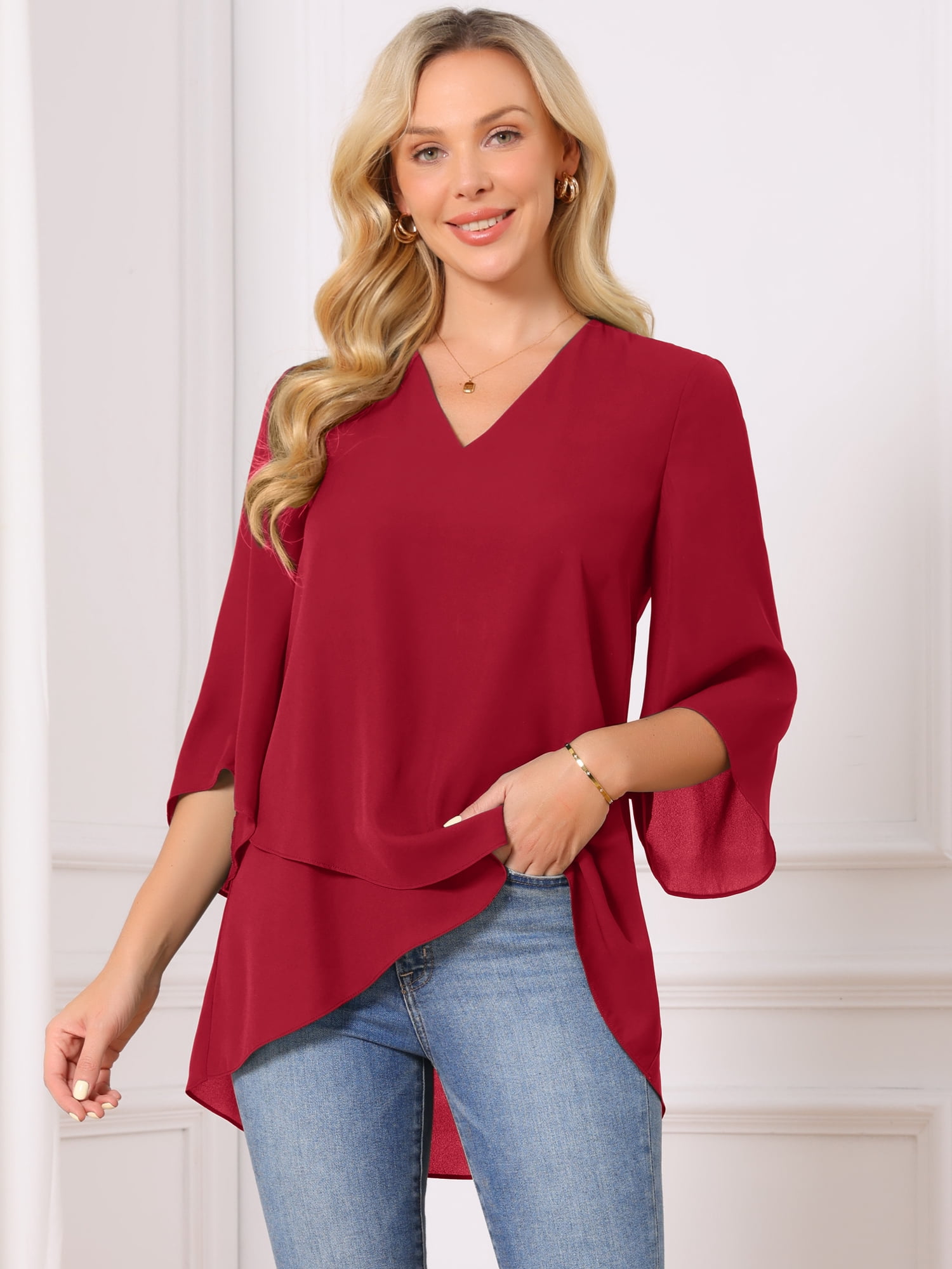 DARING DIVA Women's High Low Tops 3/4 Bell Sleeve V Neck Chiffon Blouse S Red