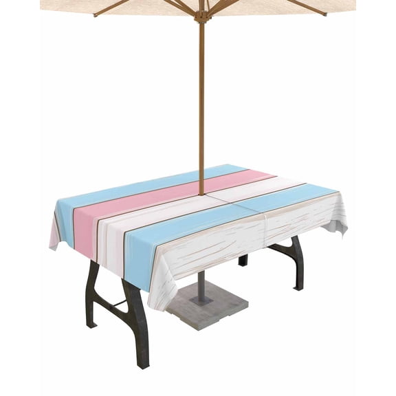 Fsddascl Pink Blue Wood Grain Outdoor Tablecloth - 54x80 Inch Rectangle Dining Table Cover, Modern Colorful Striped Waterproof Outdoor Table Cloth with Umbrella Hole & Zipper for Picnic/Patio/Party