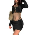 thumbnail image 2 of Gureui 2Pcs Women's Suit, Solid Color Round Neck Long Sleeve Backless Midriff-baring Top + Slim Short Package Hip Skirt Outfits, 2 of 5
