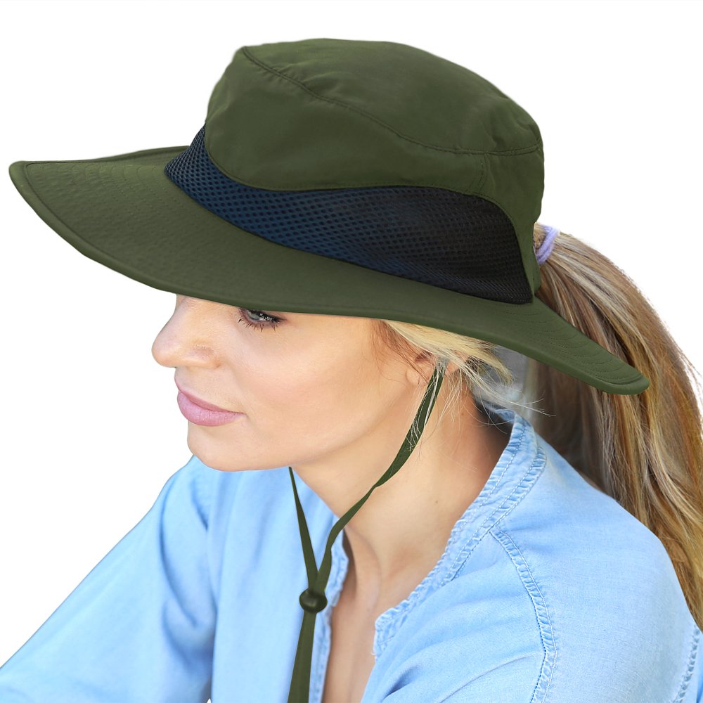 Women Ponytail Sun Hats w/ Breathable Mesh Around for Hiking Gardening
