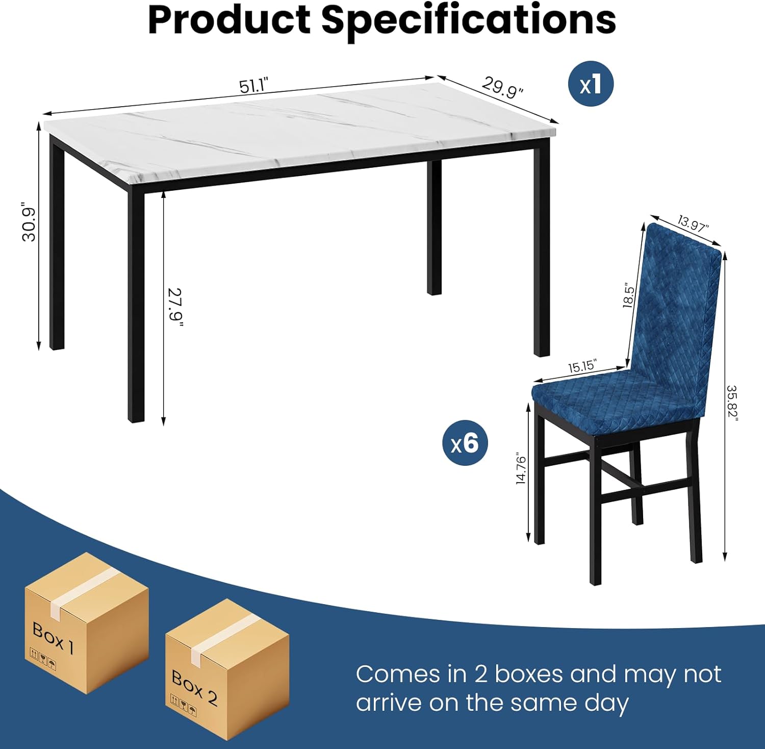 Recaceik Modern 7 Piece Dining Room Faux Marble Velvet Chairs Sets for 6, Blue