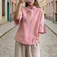 thumbnail image 2 of LYEAA Going out Shirts for Women Short Sleeve Traditional Mandarin Collar Tees Embroidery Tunic Tops Trendy Casual Clothes, 2 of 5