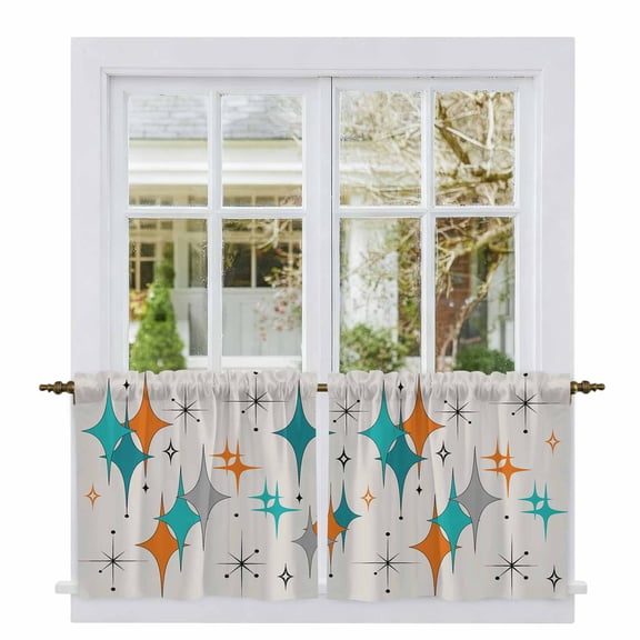 Teal Orange Boho Tier Curtains, Middle Century Geometric Abstract Light Filtering Kitchen Curtains, 2Pcs Rod Pocket Half Window Treatments Panels for Sink Cafe Cabinet Camper 27.5x36 Inches