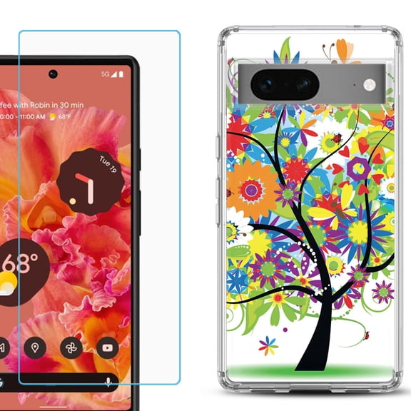 Slim-Fit Gel TPU Phone Case for Google Pixel 7, with Tempered Glass Screen Protector, by OneToughShield ® - Colorful Tree