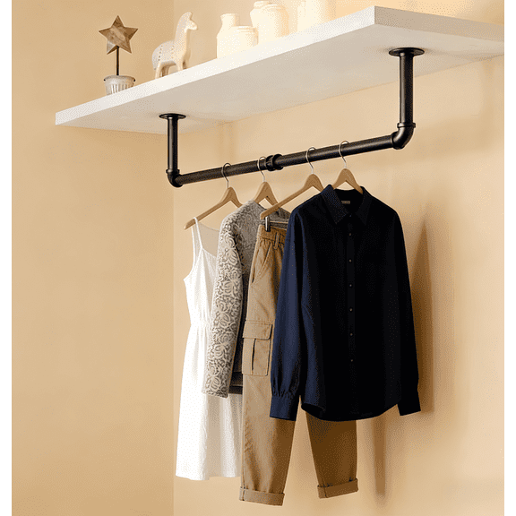 【HOSTK】Heavy Duty 36'' Industrial Pipe Wall Mounted Hanging Rod, Black Metal Clothes Rack for Closet Laundry Room Storage