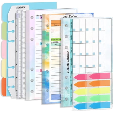 A6 Budget Planner Refill Set 6-Holes Expense Budget Tracker Sheets Weekly Planner Monthly Calendar Inserts Cash Ledger Book Wallet Bill Organizer with Binder Pocket Mixed Color 1set