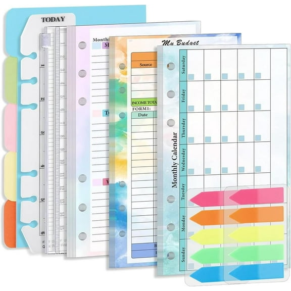 A6 Budget Planner Refill Set 6-Holes Expense Budget Tracker Sheets Weekly Planner Monthly Calendar Inserts Cash Ledger Book Wallet Bill Organizer with Binder Pocket Mixed Color 1set