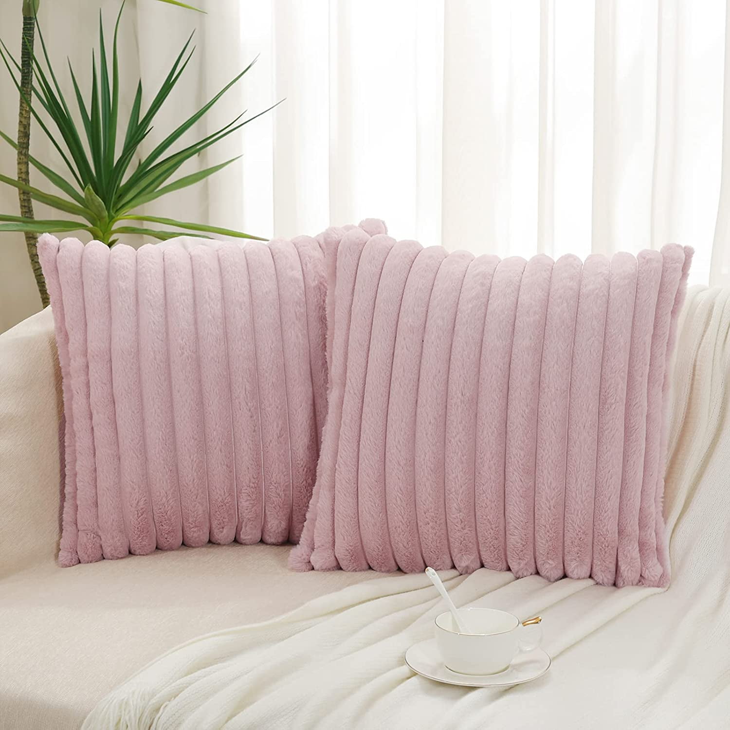 Faux Fur Plush Throw Pillow Covers 18x18 Set of 2 Luxury Soft Fluffy Striped Decorative Pillow Covers for Sofa Couch Living Room Blush Pink