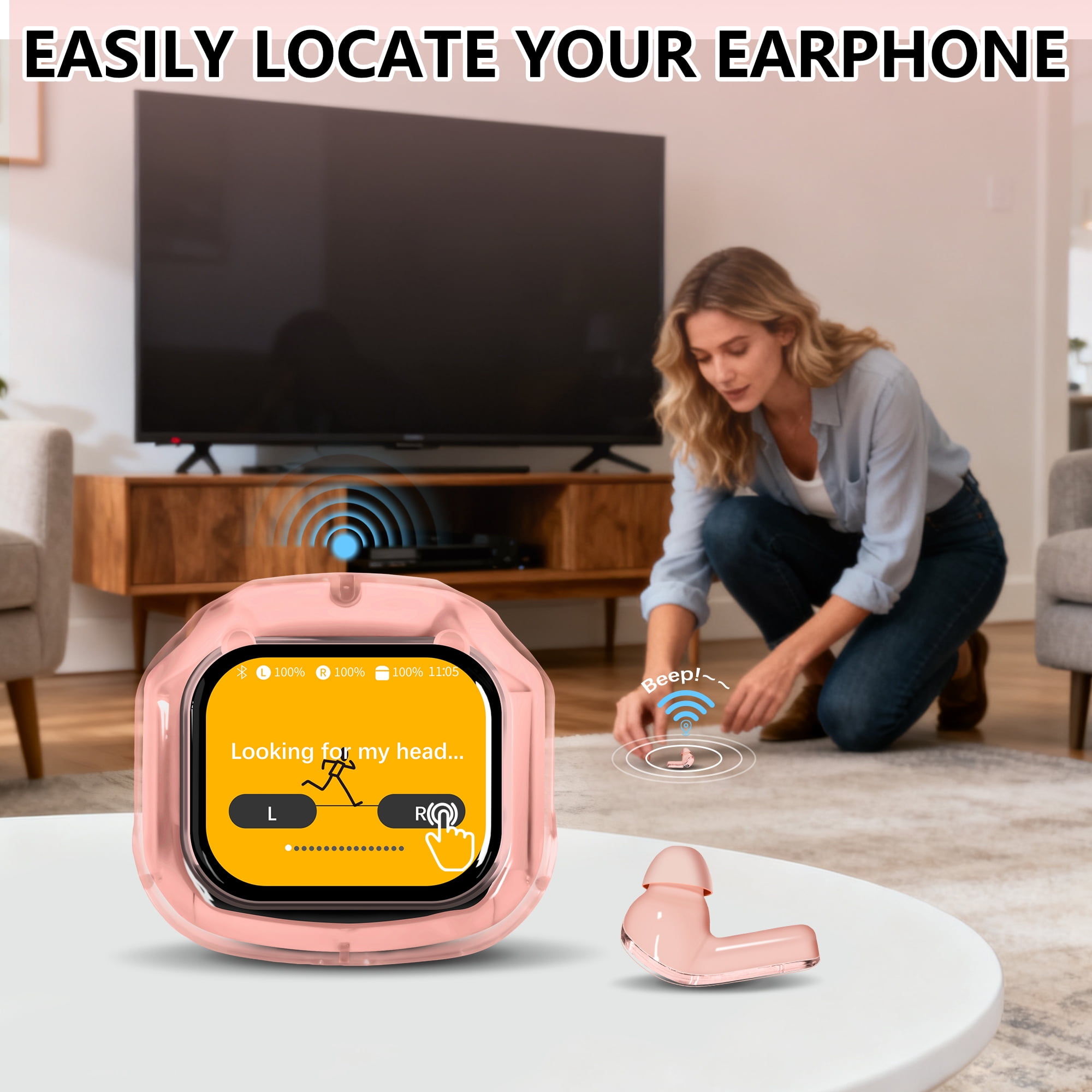 ENC Wireless Bluetooth Earphone, Smart Touch Screen Headphone, 24h Playtime for Sports & Working, Stereo Sound Headphone for iOS/Android/Windows, Pink