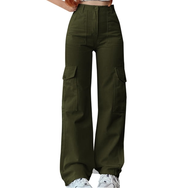 Pantalones cargo de cintura alta con tres bolsillos para mujer - Poliéster, estilo informal