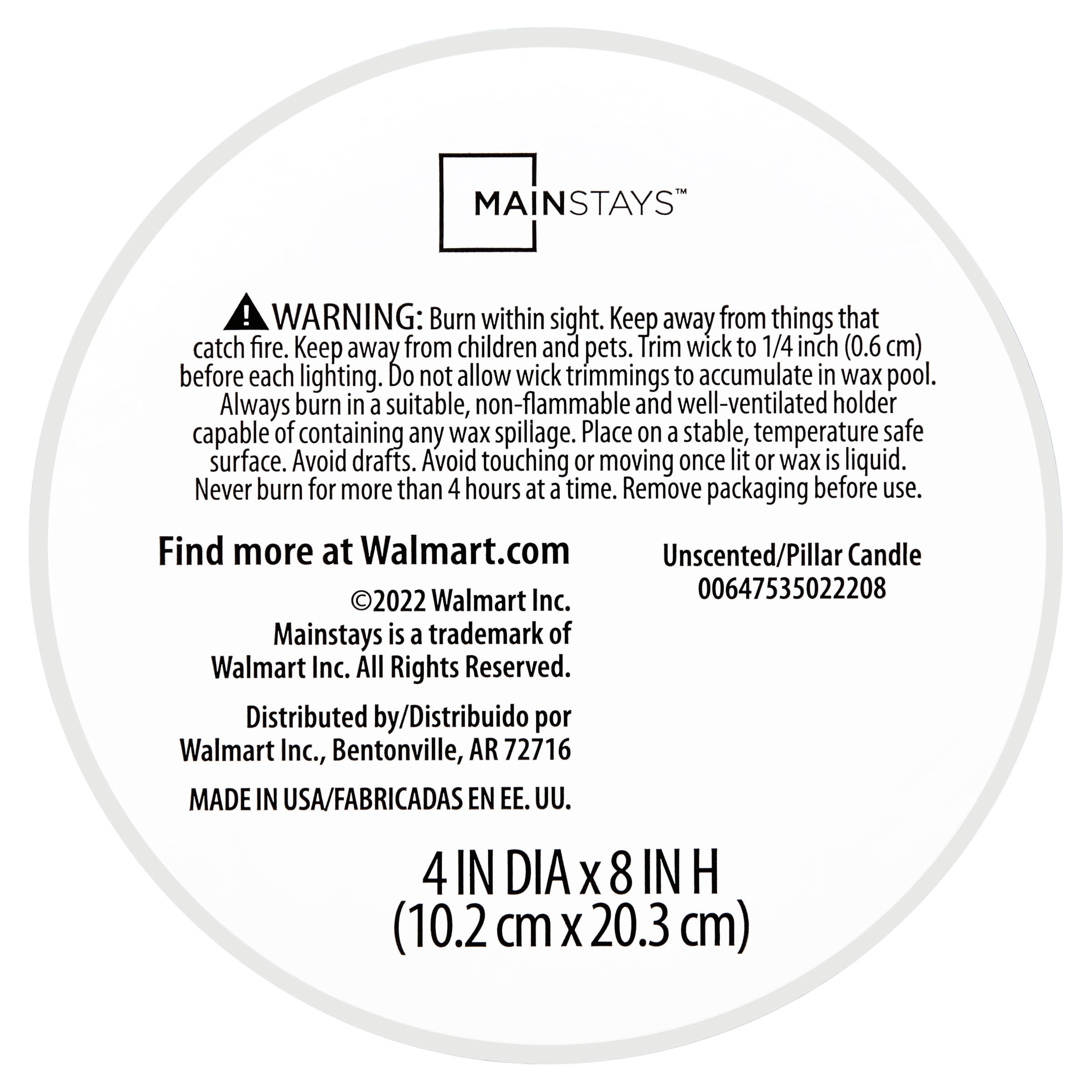 Mainstays Unscented Pillar Candle, 4 x 8 inches, White